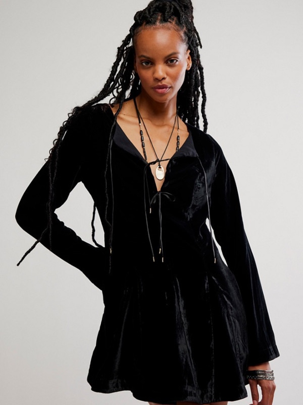 Free People Black Velvet Long-Sleeve Mini Dress